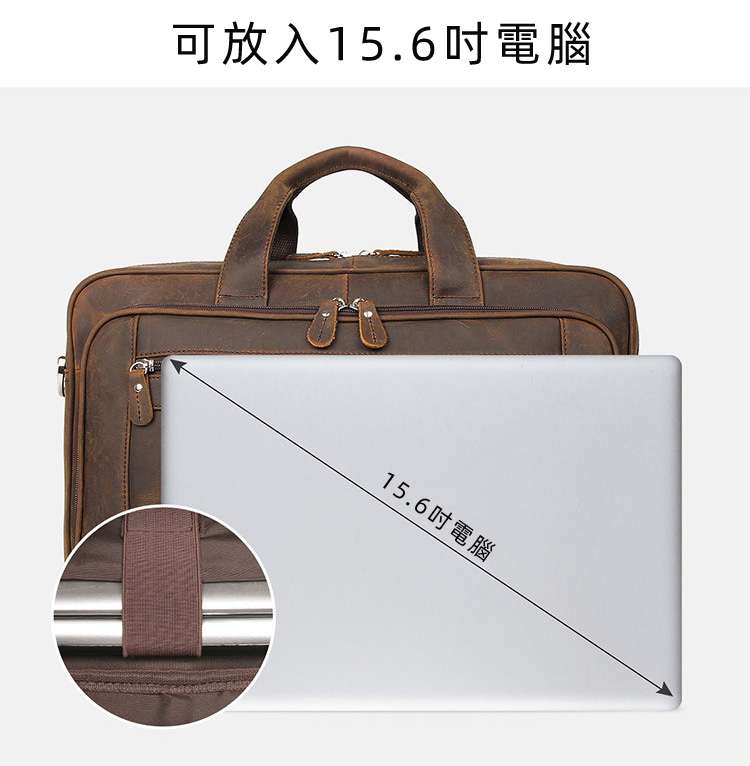 復古17吋電腦包 大容量旅行包 真皮男士公文包 頭層瘋馬皮手提包 單肩斜跨商務筆電包手袋 包包