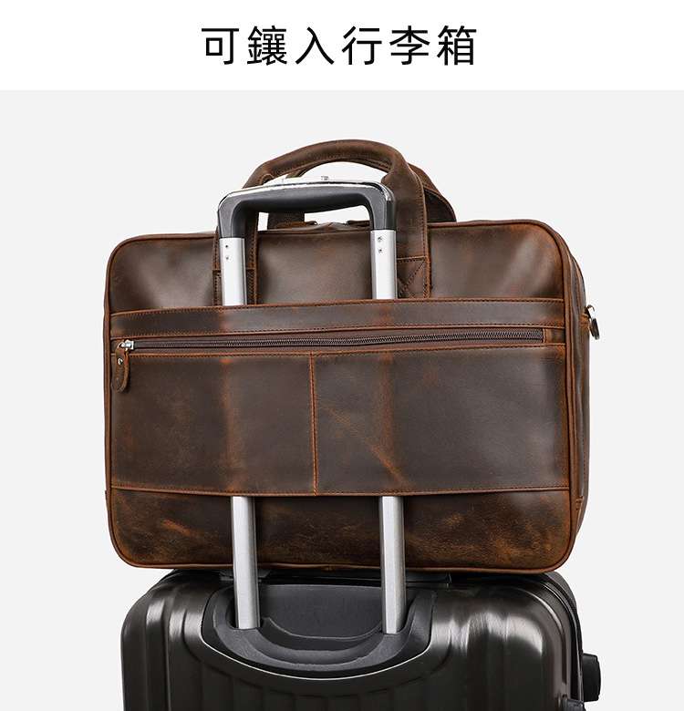 復古17吋電腦包 大容量旅行包 真皮男士公文包 頭層瘋馬皮手提包 單肩斜跨商務筆電包手袋 包包