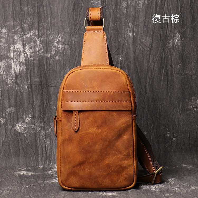 歐美款復古時尚胸包 瘋馬皮男包 真皮斜跨包手機包 戶外運動單肩包斜背包側背包  真皮包包