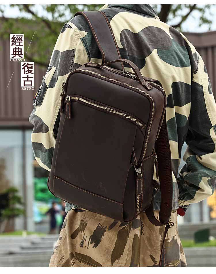 復古瘋馬皮後背包 真皮男包 商務旅行背包 頭層牛皮雙肩包 學生書包電腦背包