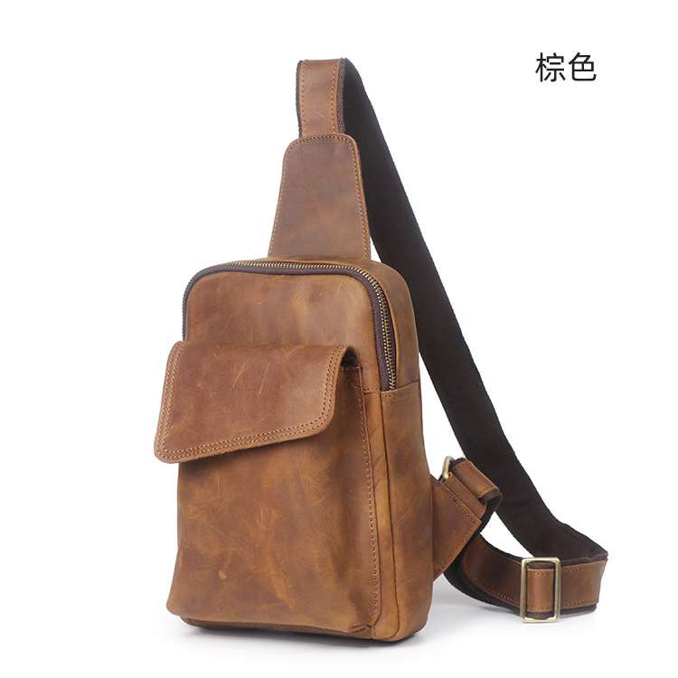 復古瘋馬皮胸包 男士真皮斜背包 休閒單肩背包 戶外運動斜挎包