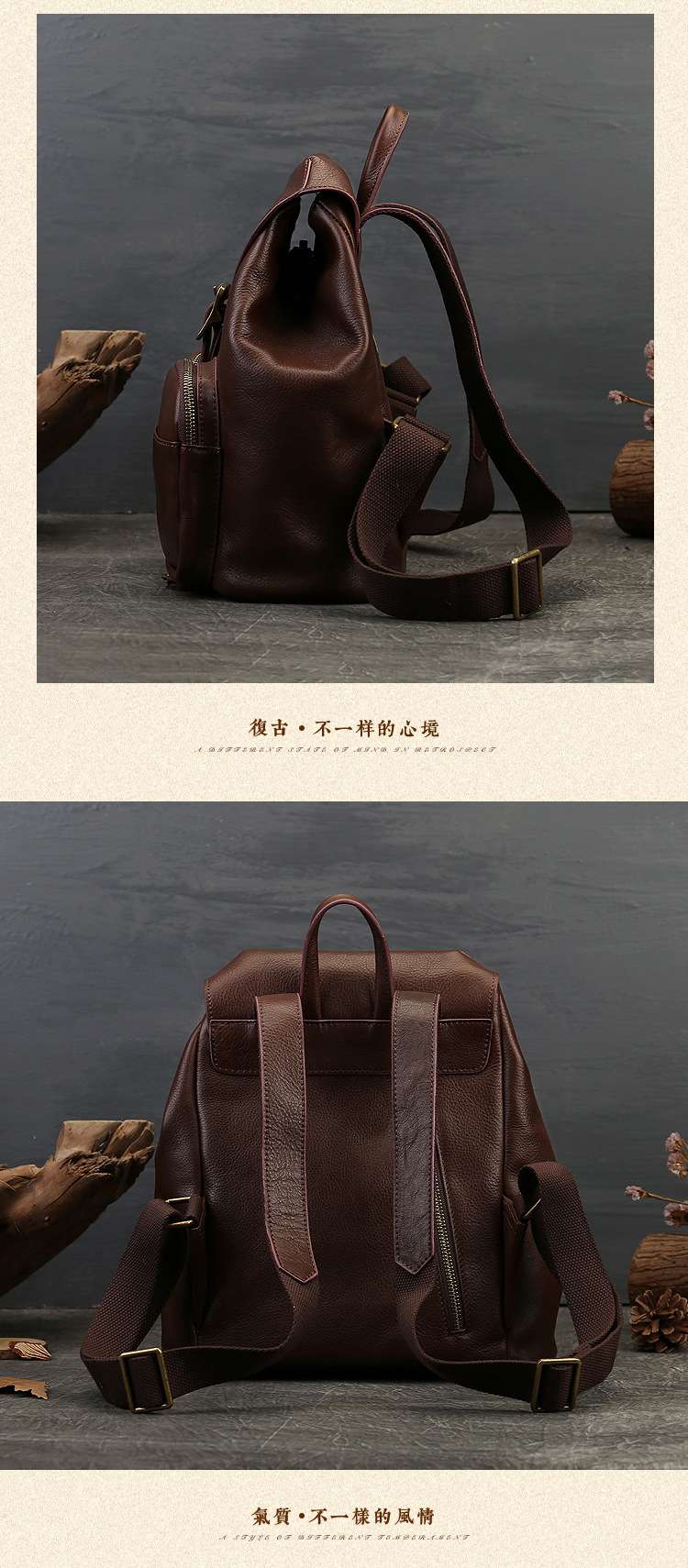 復古多口袋真皮女包 經典時尚百搭後背包 學院風學生書包 頭層牛皮雙肩背包 真皮女包