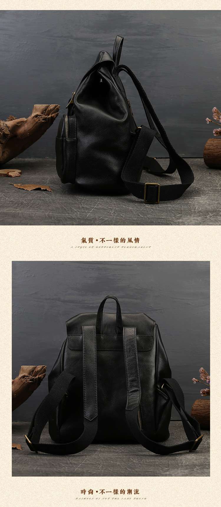 復古多口袋真皮女包 經典時尚百搭後背包 學院風學生書包 頭層牛皮雙肩背包 真皮女包