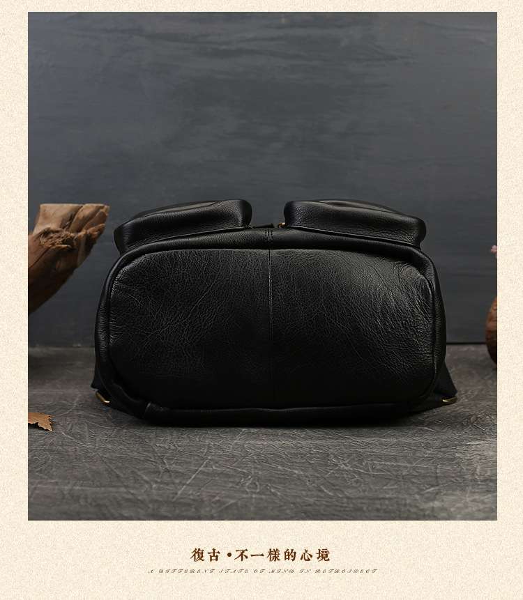 復古多口袋真皮女包 經典時尚百搭後背包 學院風學生書包 頭層牛皮雙肩背包 真皮女包