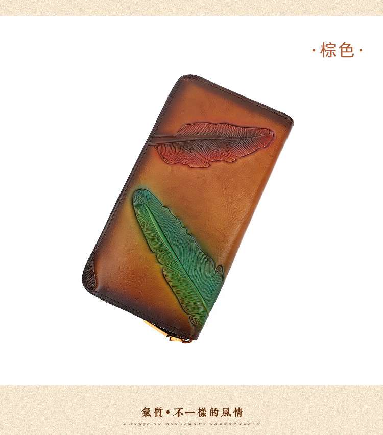 復古花卉植物壓花長款皮夾 真皮錢包 女款手拿包 頭層牛皮擦色皮夾 手包