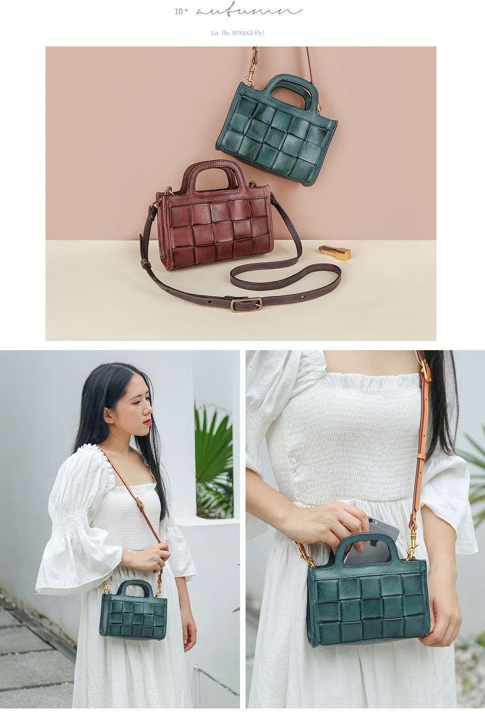 歐美復古女式編織包 百搭款復古時尚女士斜背包單肩包 手工編織斜挎包真皮女包側背包 真皮包包