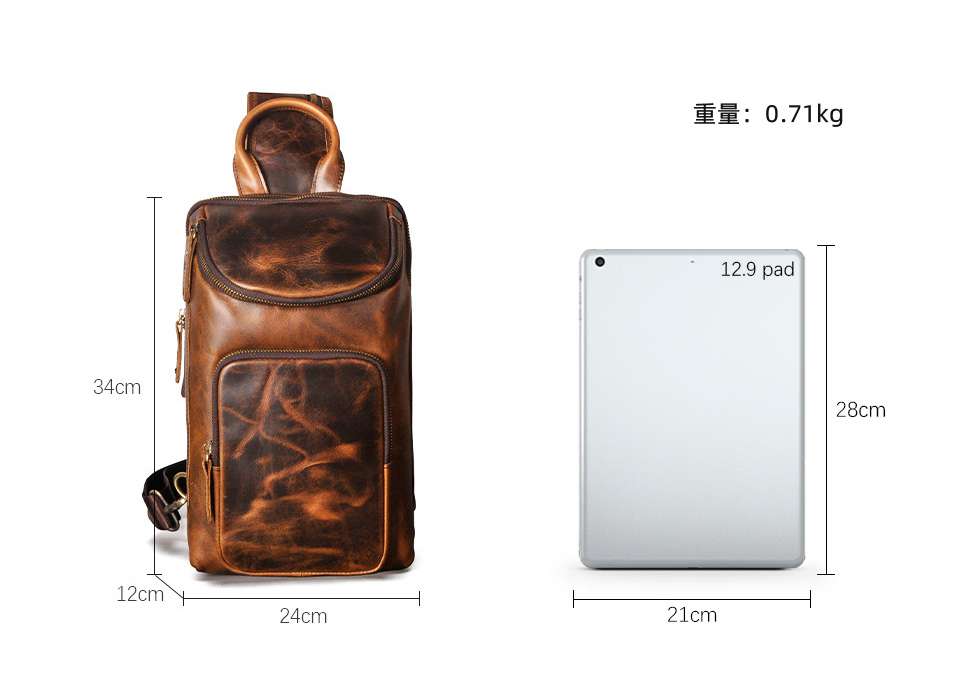 頭層瘋馬皮胸包 大容量牛皮斜背包 男士復古戶外多用途包包 手機iPad包包斜挎包  真皮包包