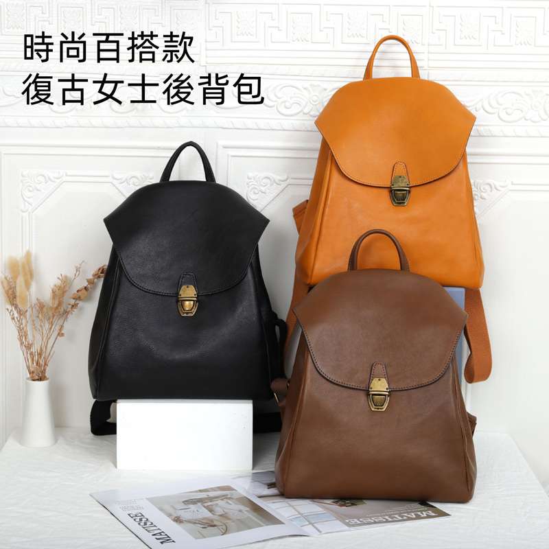 原創手工後背包 真皮女式雙肩包 頭層牛皮背包 學生書包 簡約復古文藝軟皮小背包 真皮包包