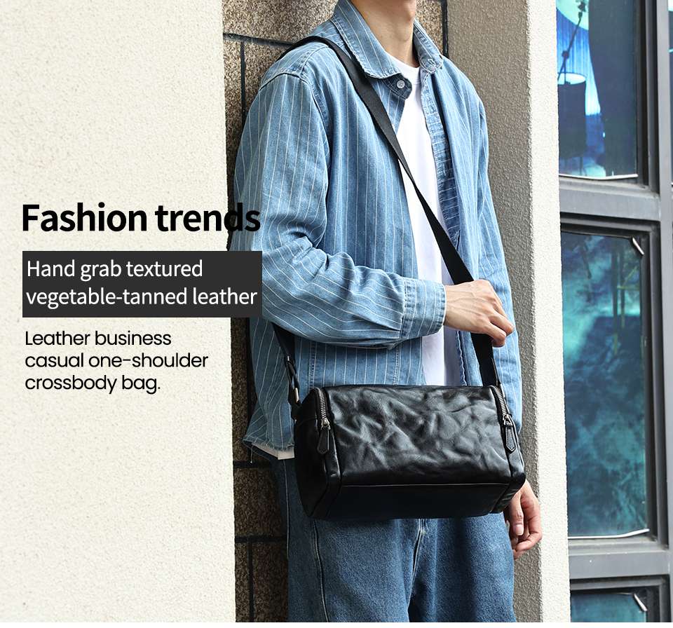 植鞣皮機能男士斜挎包 手抓紋潮流斜挎包 新品男包 真皮休閒單肩包 男款側背包肩背包 真皮包包