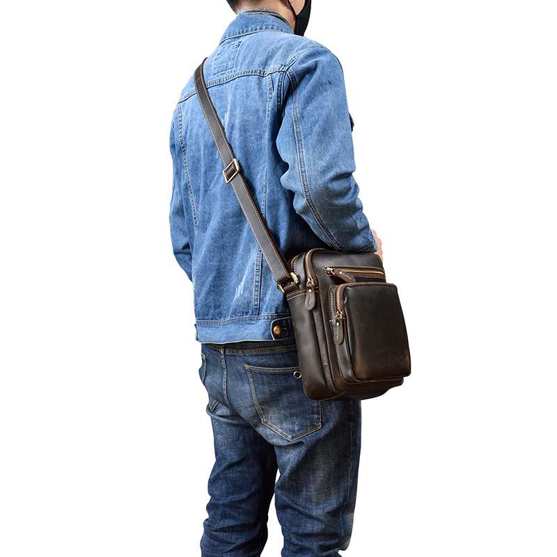 復古頭層瘋馬皮單肩包 男士真皮斜挎包 真皮斜背包休閒側背包 男士斜挎包ipad包包 真皮包包