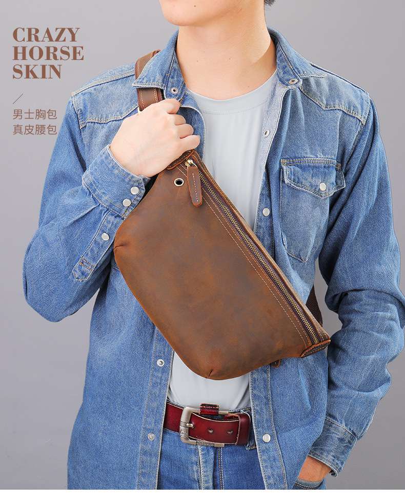 瘋馬皮男士腰包 真皮斜挎包 頭層牛皮復古男式地攤工地腰包 老闆生意腰包斜背包肩背包 真皮包包