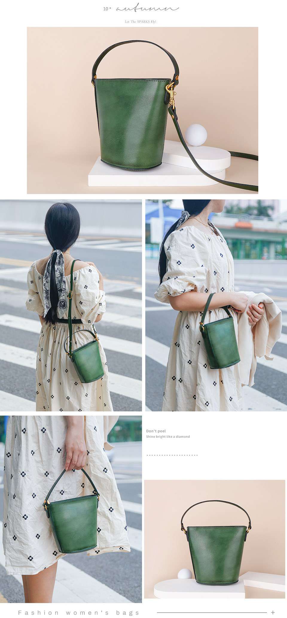 復古植鞣皮水桶包 新款真皮斜挎包 女式街頭潮流手提包單肩包 一包多用牛皮女包包 斜背包 真皮包包