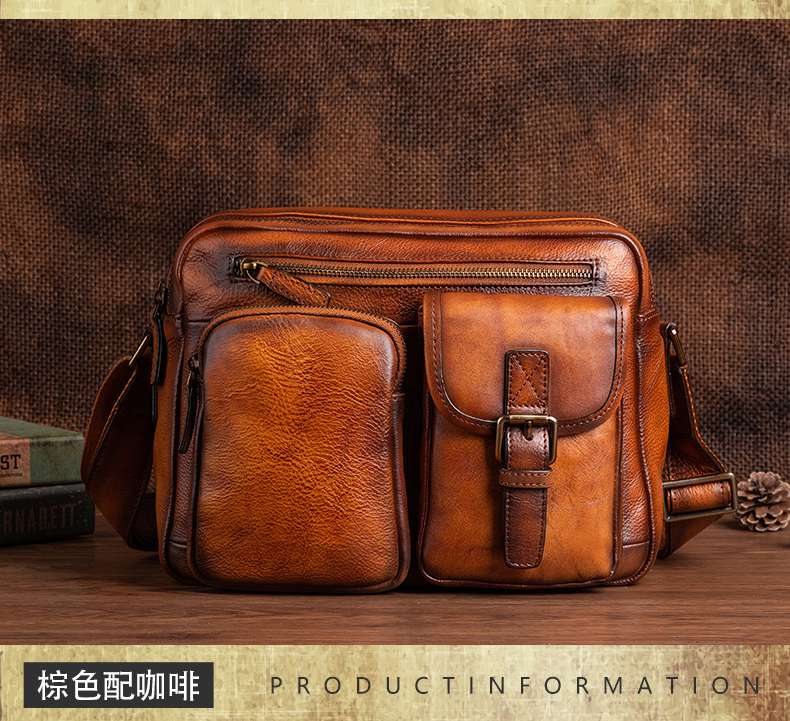 復古擦色頭層牛皮斜挎包 真皮休閒包 手工上色斜背包 男士肩背包側背包郵差包   真皮包包