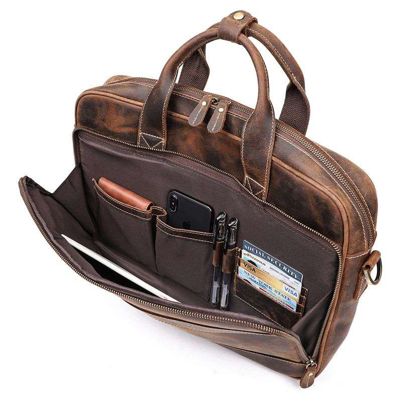 歐美復古真皮男包 頭層瘋馬皮公事包 男士手提包單肩背包斜挎包 商務公文包斜背包手袋  真皮包包