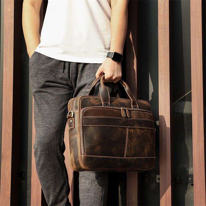 歐美復古真皮男包 頭層瘋馬皮公事包 男士手提包單肩背包斜挎包 商務公文包斜背包手袋  真皮包包