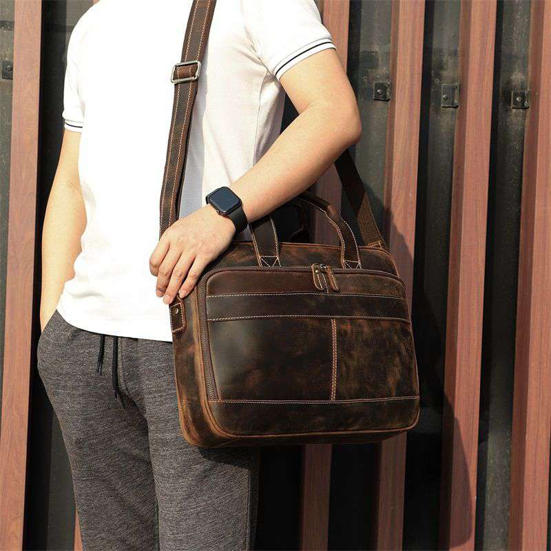 歐美復古真皮男包 頭層瘋馬皮公事包 男士手提包單肩背包斜挎包 商務公文包斜背包手袋  真皮包包