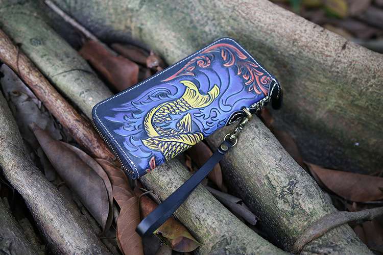 皮雕祥魚圖案個性款皮夾 女士錢包長款皮夾 拉鏈長款手包 真皮零錢包手袋  真皮包包
