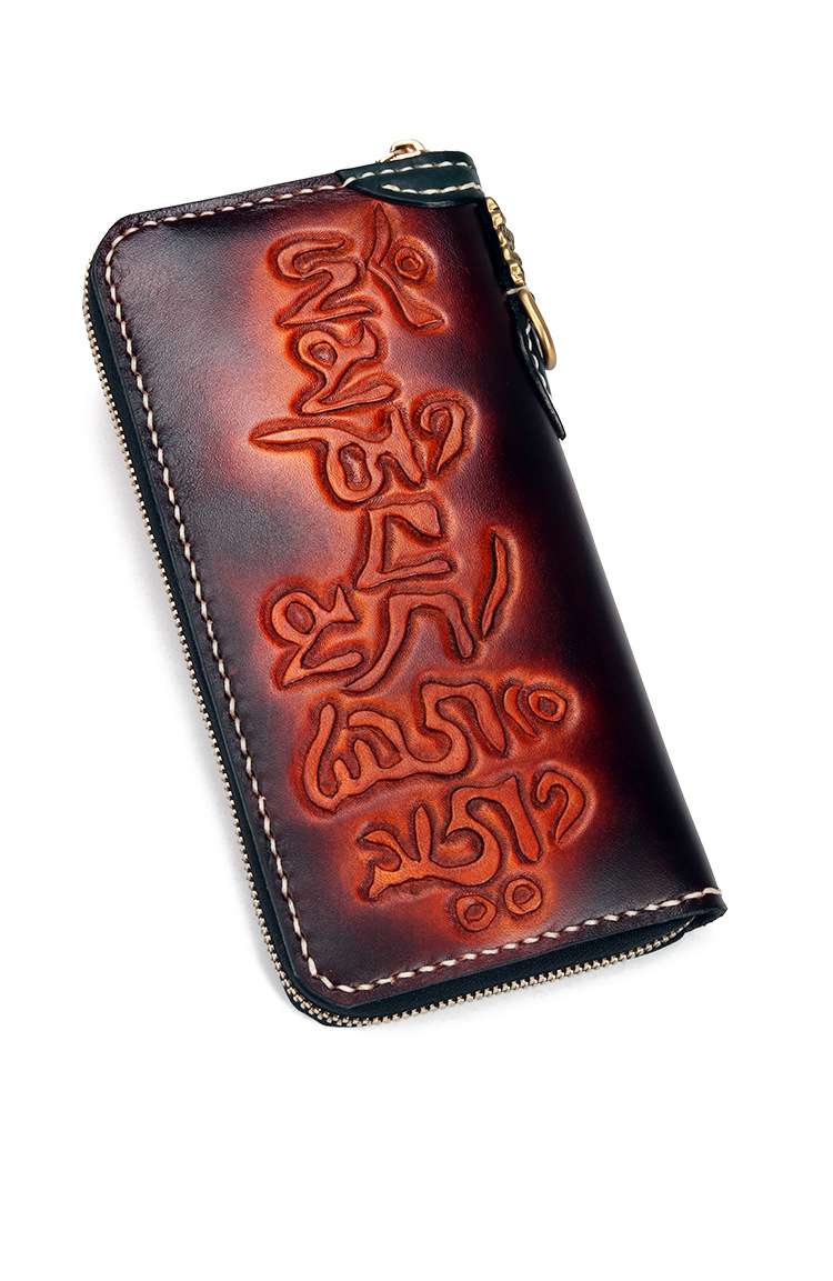 真皮錢包 男女長款皮夾手工頭層牛皮雕刻手縫錢包 植鞣革素面哈雷復古風純黃銅靈獸雪獅  鷹頭藏傳佛教 真皮包包