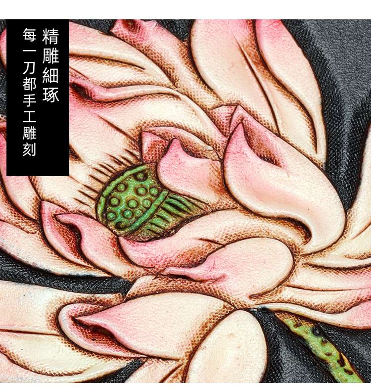 女式復古蓮花皮雕錢包 頭層牛皮雕刻皮夾 真皮手拿包 彩繪包手包 真皮女包 真皮包包