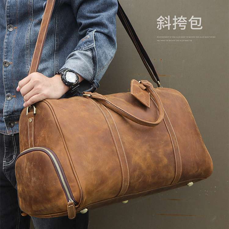 大小號行李袋 瘋馬皮獨立鞋倉復古真皮旅行包 大容量出差包單肩背包手提包行李手袋 真皮包包