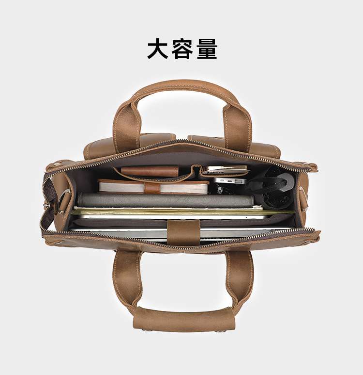 歐美復古真皮手提包 男式瘋馬皮手袋 多口袋頭層牛皮公文包 商務電腦包單肩背包斜跨包斜背包 真皮包包