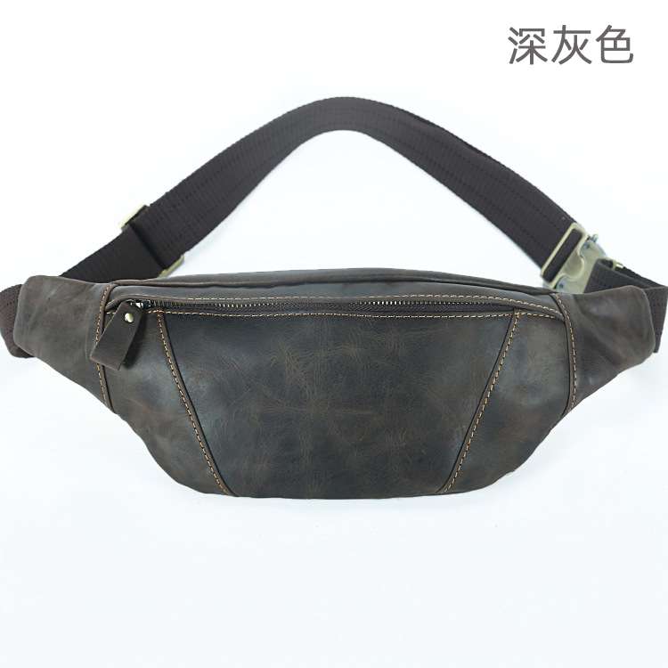 復古男士瘋馬皮腰包 手工頭層牛皮斜挎包 真皮戶外韓版運動騎行男包生意老闆包 真皮包包