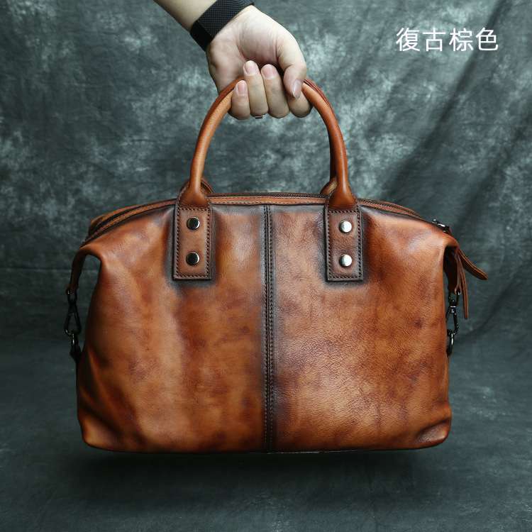 復古擦色手提包 真皮手提袋 樹膏皮手工休閒單肩包 韓版潮流斜挎包手袋 真皮斜背包 真皮包包