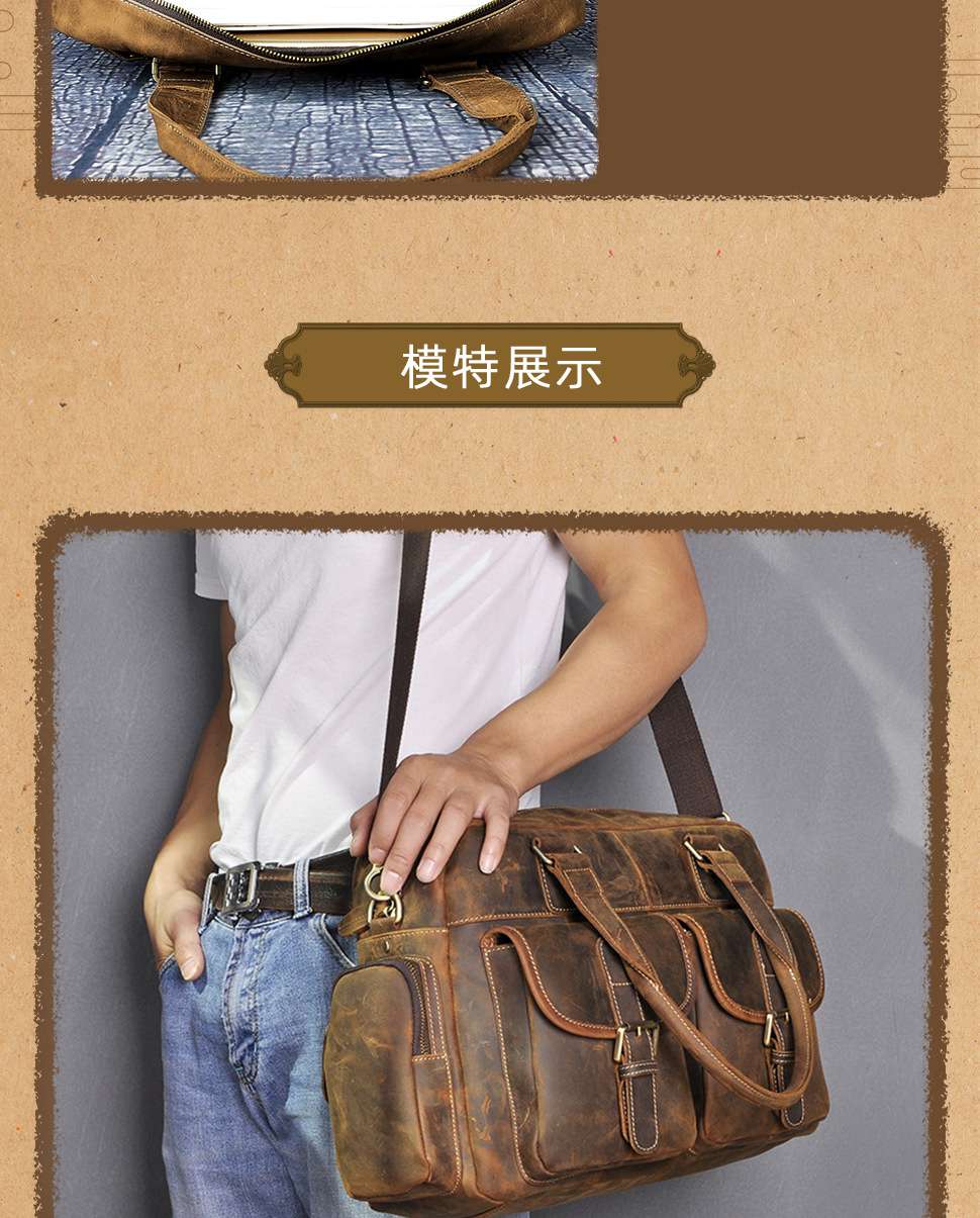 頭層瘋馬皮手提包 大容量斜背包 頭層牛皮單肩背包 歐美復古男士16吋手提手袋旅行包袋 真皮包包