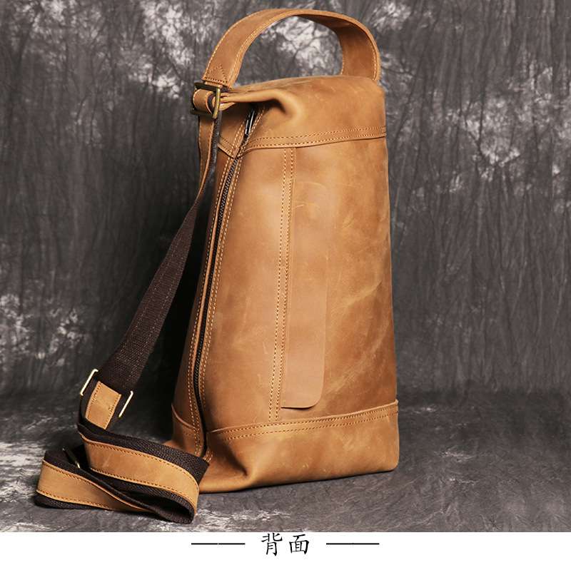 男戶外瘋馬皮胸包 真皮男包 休閒斜跨背包 旅行登山胸包 真皮大腰包斜背包  真皮包包