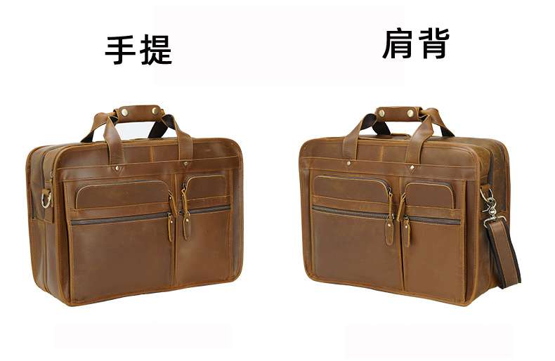 多層袋瘋馬皮手提包 大容量頭層牛皮公事包 商務15.6吋筆電包 公文包電腦包斜背包行李手袋 真皮包包