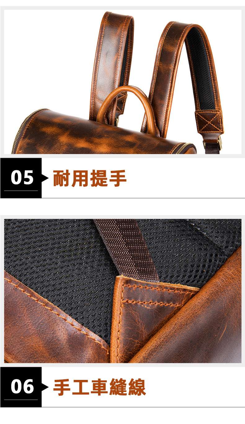 復古油皮後背包 瘋馬皮雙肩背包 男士戶外多功能真皮雙肩包 15.6吋電腦包旅行包 真皮包包