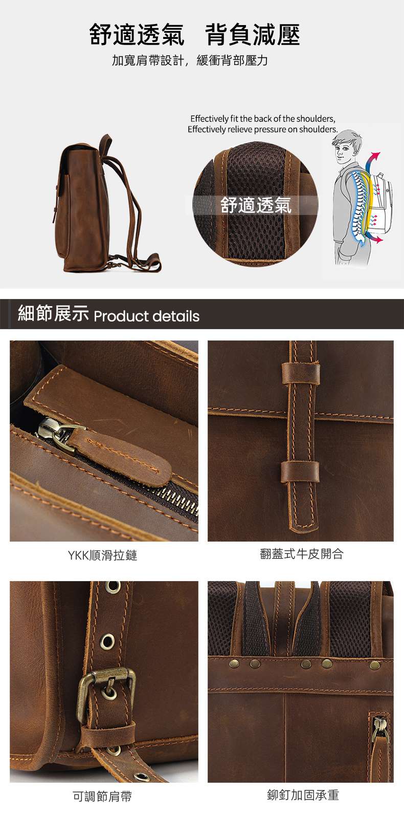 真皮大容量後背包 頭層牛皮雙肩包 男士商務時尚電腦包書包 瘋馬皮旅行雙肩背包男包 真皮包包
