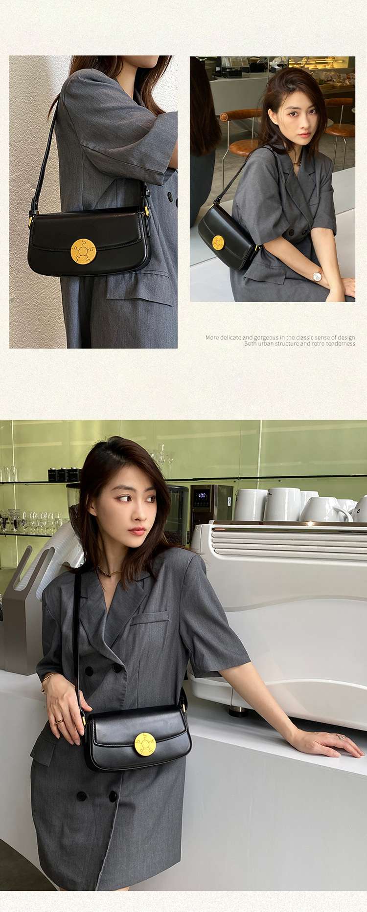真皮女式腋下包 高級感單肩包 女生牛皮小方包法棍包 真皮女包小眾輕奢復古手提包 真皮包包