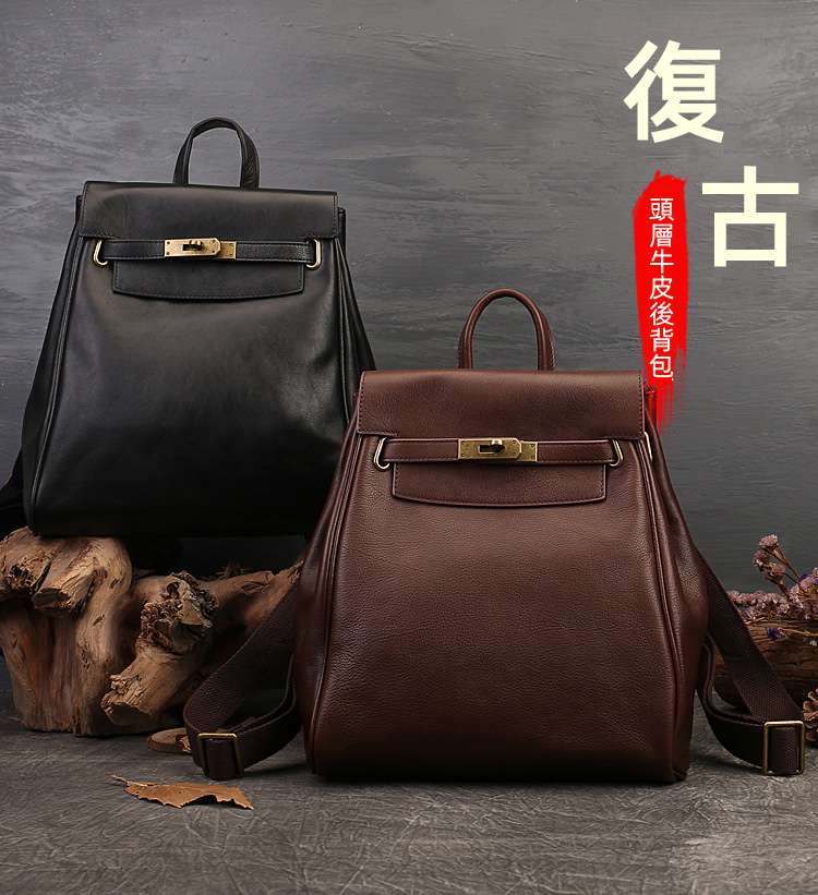 復古真皮後背包 時尚休閒女士雙肩包 原創設計頭層牛皮旅行包 大容量女包學生書包 真皮包包