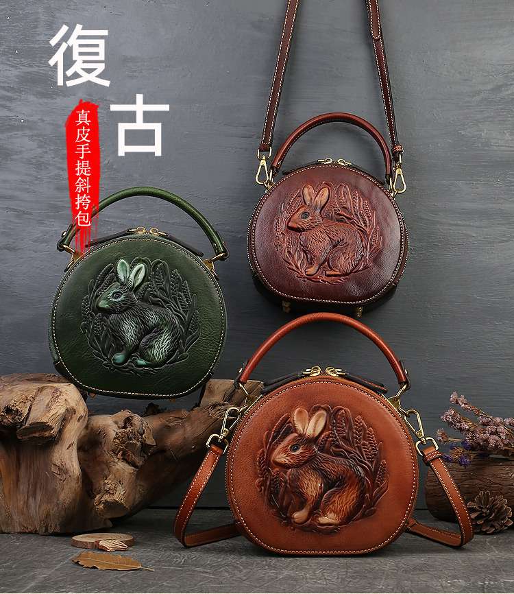 兔子壓花手提包 復古民族風小圓包 真皮女包 頭層牛皮斜背包 女式單肩背包斜挎包包 真皮包包