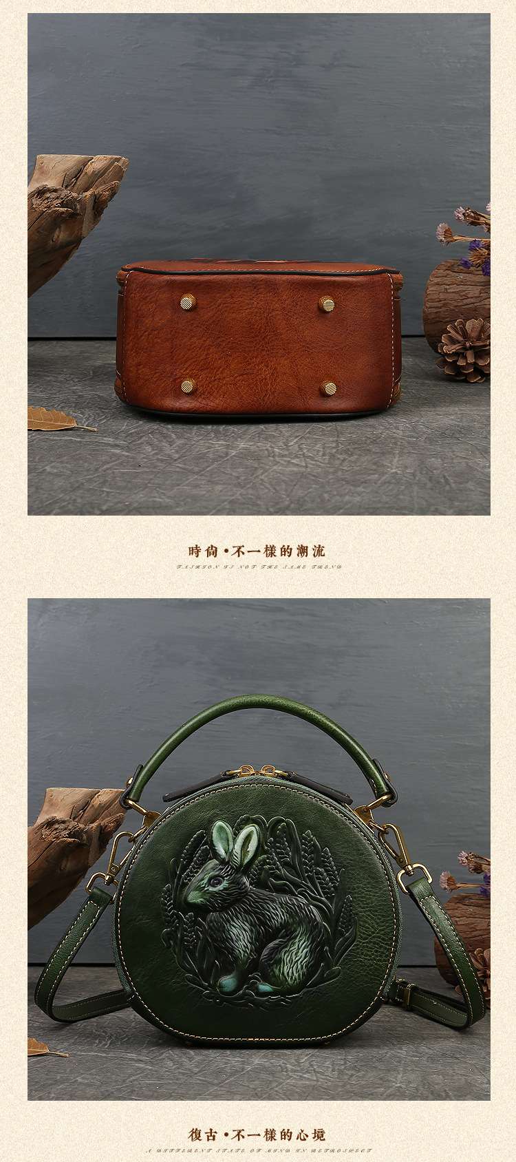 兔子壓花手提包 復古民族風小圓包 真皮女包 頭層牛皮斜背包 女式單肩背包斜挎包包 真皮包包