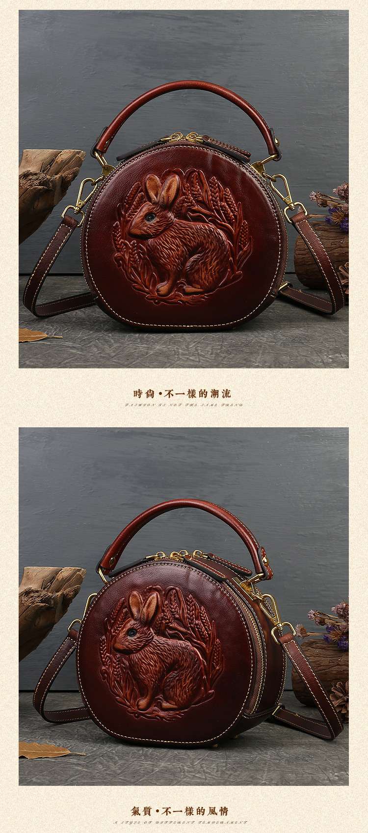 兔子壓花手提包 復古民族風小圓包 真皮女包 頭層牛皮斜背包 女式單肩背包斜挎包包 真皮包包