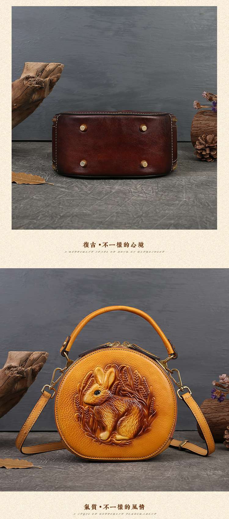 兔子壓花手提包 復古民族風小圓包 真皮女包 頭層牛皮斜背包 女式單肩背包斜挎包包 真皮包包