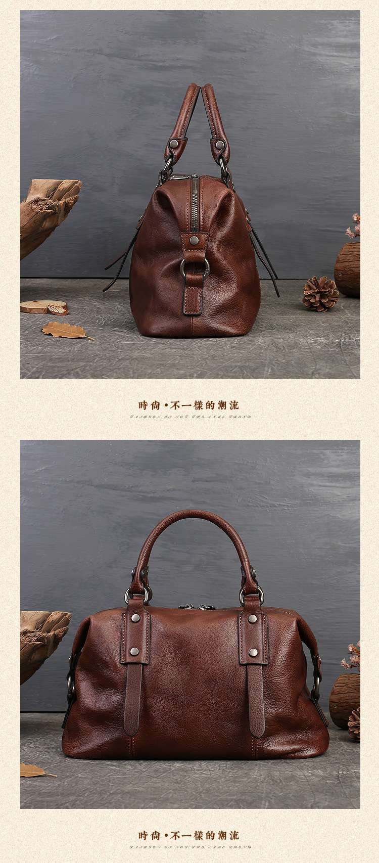 女式復古手提包 頭層牛皮可調節單肩背包 大容量商務拉鏈托特包 真皮女包手袋斜背包 真皮包包