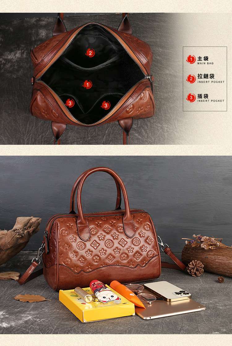 真皮波士頓枕頭包 女式手提包包 新款高級感復古文藝女士斜挎包 頭層牛皮斜背包 真皮包包
