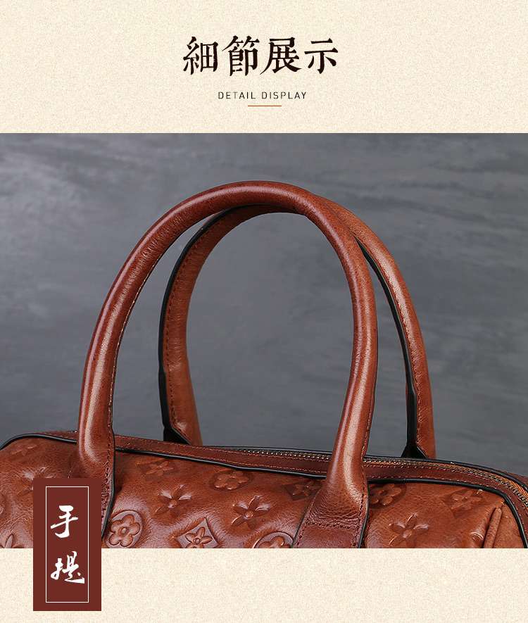 真皮波士頓枕頭包 女式手提包包 新款高級感復古文藝女士斜挎包 頭層牛皮斜背包 真皮包包