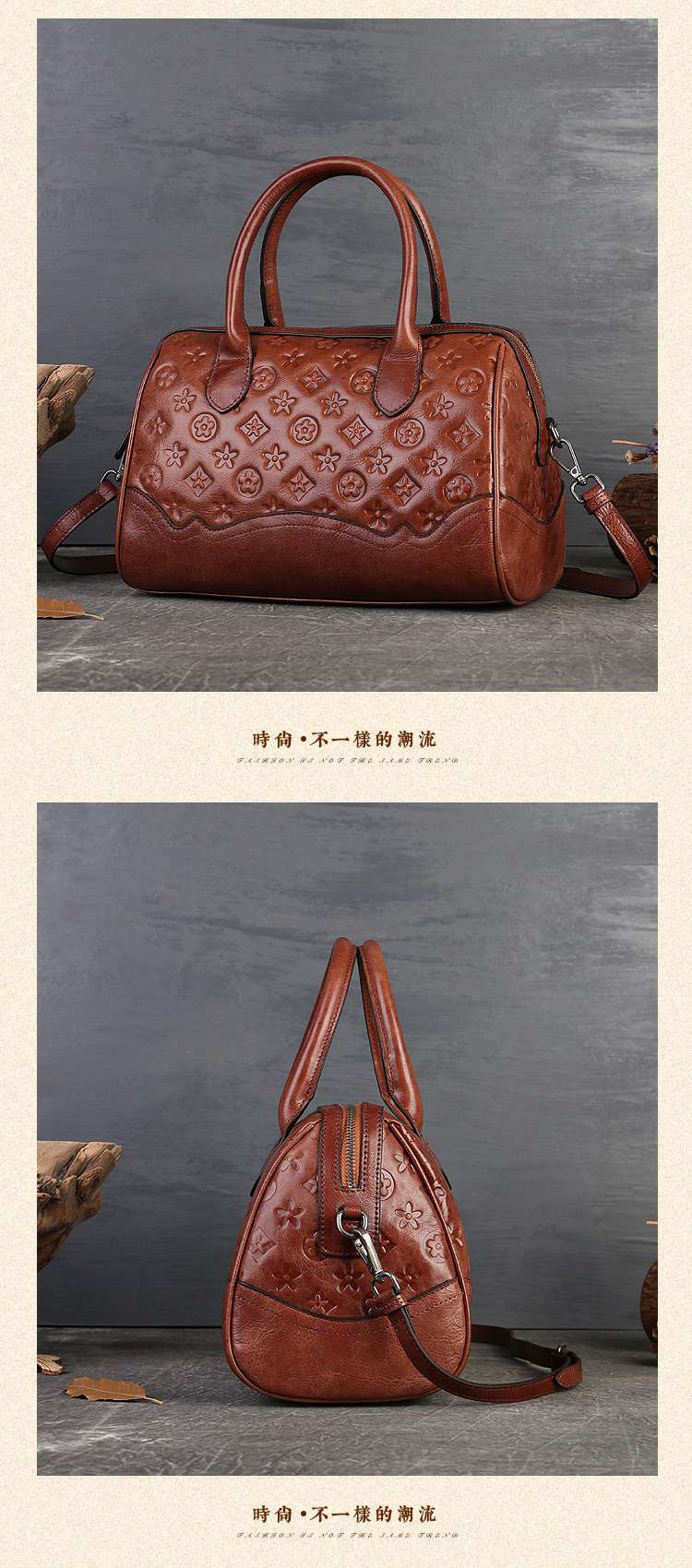 真皮波士頓枕頭包 女式手提包包 新款高級感復古文藝女士斜挎包 頭層牛皮斜背包 真皮包包