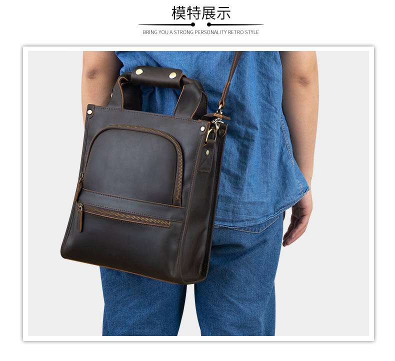 復古瘋馬皮豎款手提包 大容量戶外出行斜背包 真皮斜挎包單肩包 男士新款頭層牛皮側背包 真皮包包