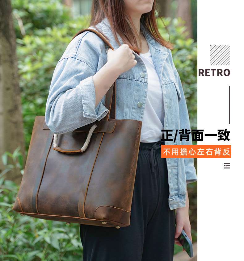 新款歐美托特包 復古頭層牛皮手提包 真皮單肩包 時尚子母包 媽咪購物手袋女士長短手提袋 真皮包包