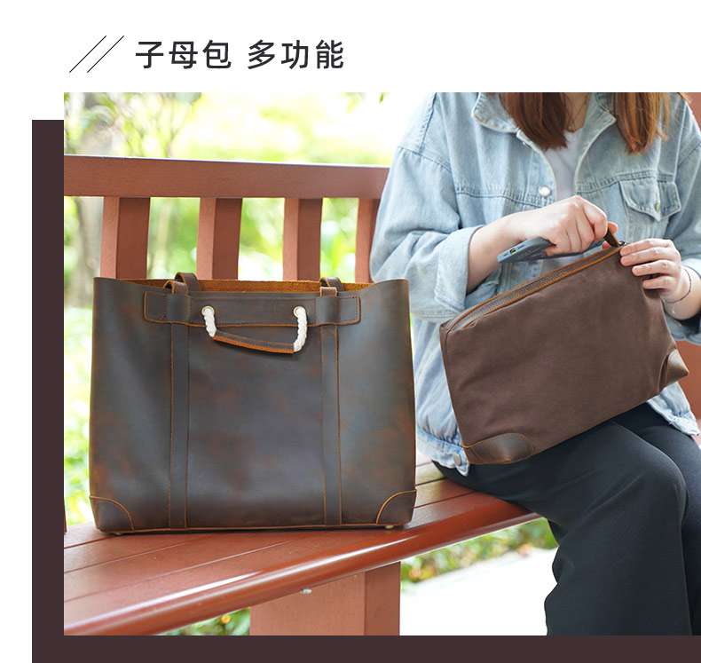 新款歐美托特包 復古頭層牛皮手提包 真皮單肩包 時尚子母包 媽咪購物手袋女士長短手提袋 真皮包包
