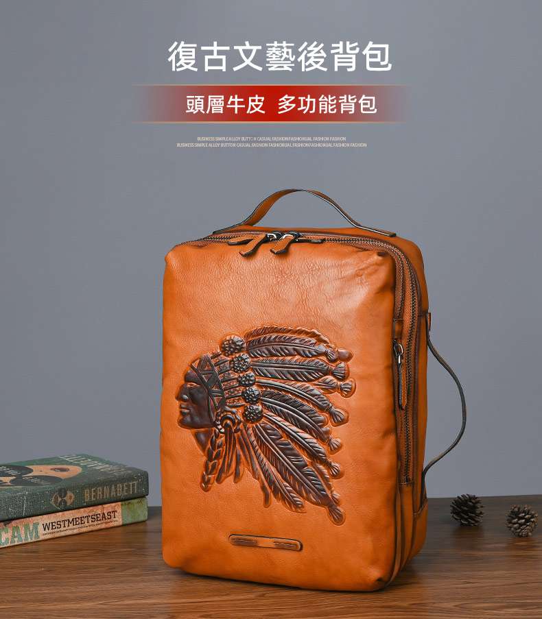 復古潮流文藝頭層植鞣牛皮後背包 手工雙肩包 男式休閒旅行包 大容量印第安人壓花腦包 真皮包包