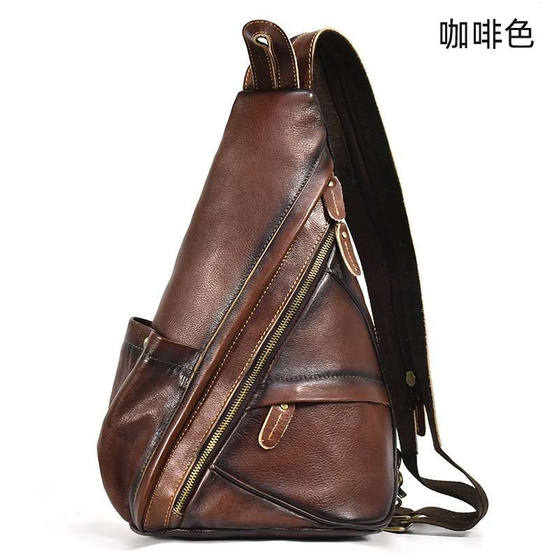 復古擦色真皮後背包 男士胸包 多功能雙肩包 一包兩用 大容量斜挎包牛皮單肩包男包 真皮包包