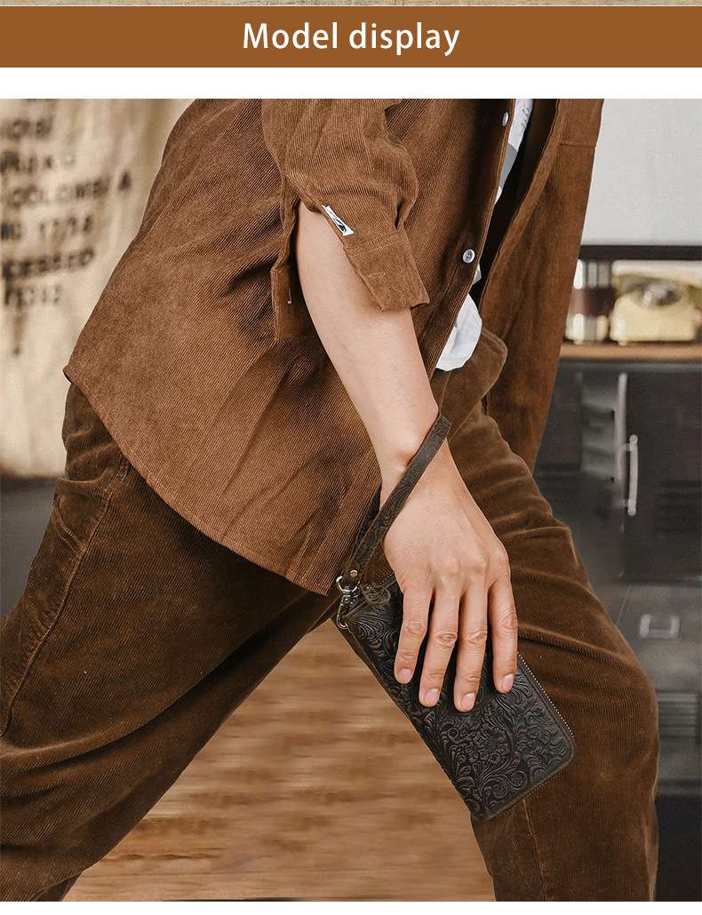 瘋馬皮長款錢包 男士卡包 真皮男款拉鏈多卡位手拿包 復古壓花長夾唐草皮夾 真皮包包