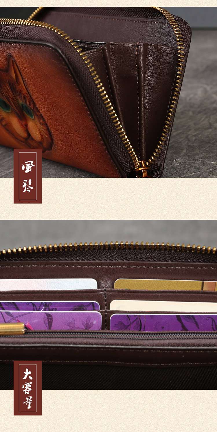 真皮零錢包 新款貓咪壓花多卡位卡包設計感輕奢手拿包 貓頭錢包皮夾 女生長款皮包 真皮包包