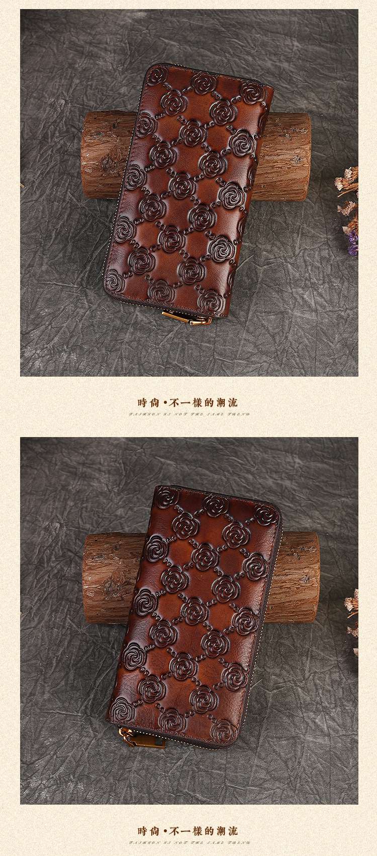 頭層牛皮玫瑰壓花錢包 女士長款皮包 新款真皮女生皮夾 時尚大容量多卡位手拿卡包 真皮包包